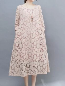 Women's Work Dress Lace Dress Black Dress Fashion Midi Dress Lace Crew Neck Long Sleeve Plain Loose Fit Black White Pink Fall Winter M L XL XXL 3XL -LIGHTINTHEBOX Shop ktsnym1693300603188