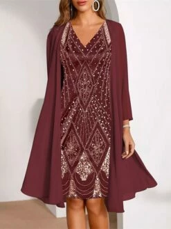 Women's Dress Set Two Piece Dress Church Dress Midi Dress Black Wine Purple Long Sleeve Geometric Print Summer Spring Fall V Neck Fashion Wedding Guest Spring Dress 2023 M L XL XXL 3XL -LIGHTINTHEBOX Shop ktyguv1650878410028