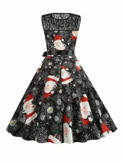 Women‘s Christmas Retro 1950s Vintage Dress Midi Dress Party Patchwork Bow Santa Claus Crew Neck Sleeveless Regular Fit Fall Winter 2023 Black White S M L XL -LIGHTINTHEBOX Shop kuehhf1694501419334