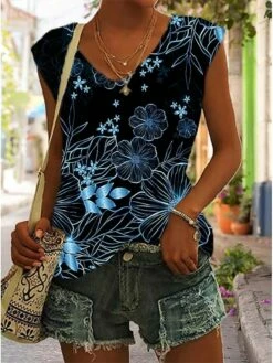 Women's Tank Top Black White Blue Floral Portrait Print Sleeveless Casual Basic V Neck Regular Fit Floral Portrait 7 Women's Tank Top Black White Blue Floral Portrait Print Sleeveless Casual Basic V Neck Regular Fit Floral Portrait -LIGHTINTHEBOX Shop kuiwre1683628530988