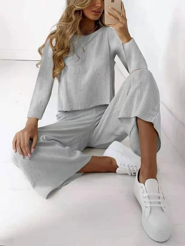 Women's Shirt Pants Sets Black White Brown Plain Long Sleeve Casual Daily Daily Basic Round Neck Regular Fit Fall & Winter 8 Women's Shirt Pants Sets Black White Brown Plain Long Sleeve Casual Daily Daily Basic Round Neck Regular Fit Fall & Winter - Image 6