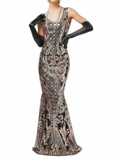 Women's Retro 1920s Sequin Dress Long Dress Maxi Dress Party Halloween Sequins Patchwork Floral Deep U Sleeveless Regular Fit Spring Fall 2023 Red Gold XS S M L -LIGHTINTHEBOX Shop kwahwn1692935472834