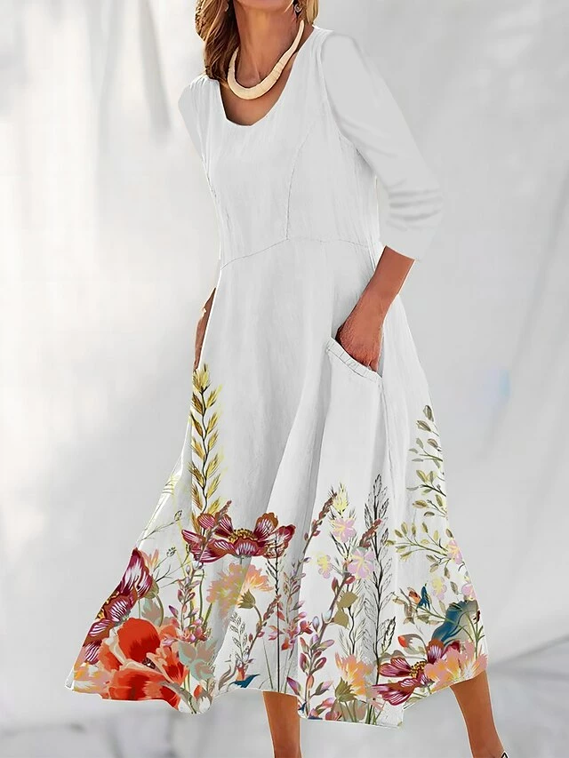 Women's Casual Dress Cotton Linen Dress Swing Dress Maxi Long Dress Polyester Fashion Casual Daily Outdoor Daily Vacation V Neck Split Print Long Sleeve Summer Spring Fall 2023 Loose Fit White Navy 5 Women's Casual Dress Cotton Linen Dress Swing Dress Maxi Long Dress Polyester Fashion Casual Daily Outdoor Daily Vacation V Neck Split Print Long Sleeve Summer Spring Fall 2023 Loose Fit White Navy - Image 3