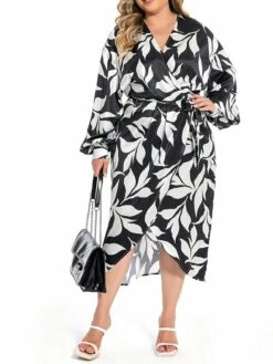 Women's Plus Size Curve Work Dress Satin Dress Wrap Dress Floral Midi Dress Long Sleeve Split V Neck Fashion Office Black Fall Winter L XL XXL 3XL 4XL -LIGHTINTHEBOX Shop kwjgxe1694772973598