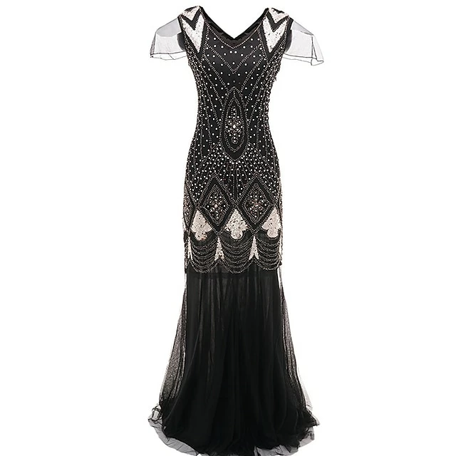 Women's Retro 1920s Sequin Dress Long Dress Maxi Dress Party Evening Party Sequins Mesh Geometric V Neck Short Sleeve Regular Fit Spring Fall 2023 Black Red S M L XL 8 Women's Retro 1920s Sequin Dress Long Dress Maxi Dress Party Evening Party Sequins Mesh Geometric V Neck Short Sleeve Regular Fit Spring Fall 2023 Black Red S M L XL - Image 6