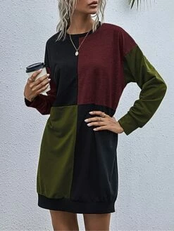 Women's Casual Dress Hoodie Dress Mini Dress Fashion Daily Outdoor Home Vacation Crew Neck Patchwork Print Loose Fit Blue Army Green Dark Gray S M L XL -LIGHTINTHEBOX Shop kyfmir1693535794567