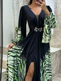 Women's Prom Dress Party Dress Wedding Guest Dress Long Dress Maxi Dress Green Long Sleeve Color Block Split Spring Fall Winter V Neck Fashion Winter Dress Evening Party Wedding Guest 2023 S M L XL -LIGHTINTHEBOX Shop kyscim1694157833629