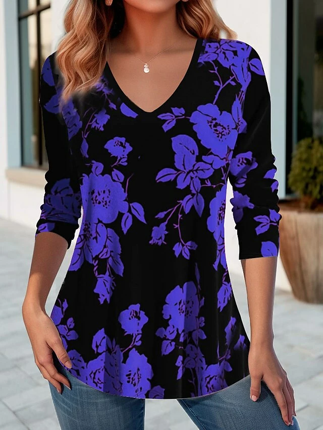 Women's Designer Shirt T Shirt Tee Yellow Pink Blue Floral Print Long Sleeve Holiday Weekend Fashion V Neck Regular Fit Floral Painting Spring &Fall 6 Women's Designer Shirt T Shirt Tee Yellow Pink Blue Floral Print Long Sleeve Holiday Weekend Fashion V Neck Regular Fit Floral Painting Spring &Fall - Image 4