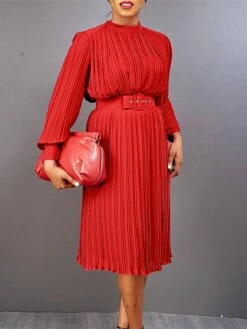 Women's Work Dress Casual Dress Black Dress Fashion Office Daily Workfashion Midi Dress Lace Up Pleated Crew Neck Long Sleeve Plain Regular Fit Black White Red Fall Winter S M L XL XXL -LIGHTINTHEBOX Shop kyzkbh1695645190737