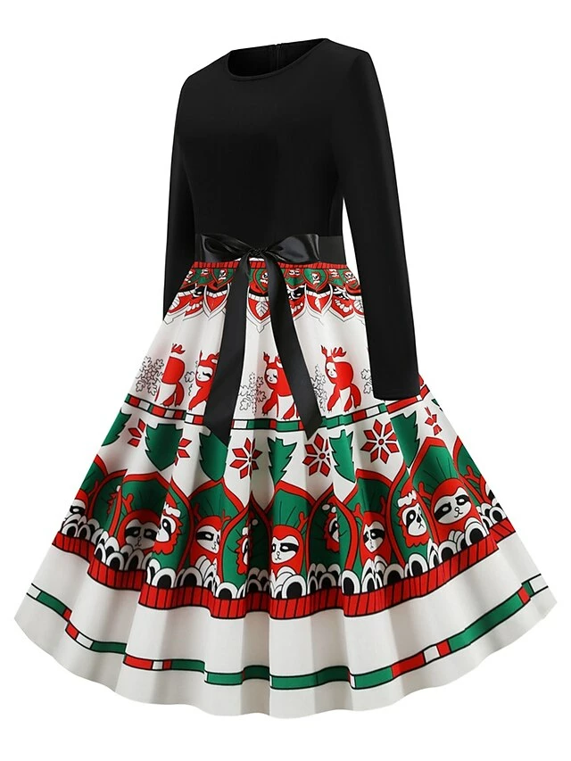 Women's Christmas Retro 1950s Vintage Dress Midi Dress Party Ruched Bow Christmas Tree Crew Neck Long Sleeve Regular Fit Fall Winter 2023 Black S M L XL 4 Women's Christmas Retro 1950s Vintage Dress Midi Dress Party Ruched Bow Christmas Tree Crew Neck Long Sleeve Regular Fit Fall Winter 2023 Black S M L XL - Image 2