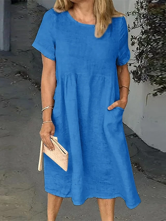 Women's Casual Dress Cotton Linen Dress Shift Dress Midi Dress Cotton Blend Basic Casual Daily Holiday Vacation Crew Neck Pocket Short Sleeve Summer Spring 2023 Loose Fit White Pink Blue Pure Color S 6 Women's Casual Dress Cotton Linen Dress Shift Dress Midi Dress Cotton Blend Basic Casual Daily Holiday Vacation Crew Neck Pocket Short Sleeve Summer Spring 2023 Loose Fit White Pink Blue Pure Color S - Image 4