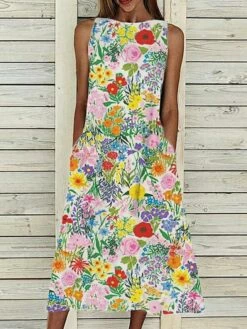 Women‘s A Line Dress Midi Dress Sleeveless Floral Pocket Cold Shoulder Print Spring Summer Round Neck Casual Vintage Going Out 2023 S M L XL XXL Cotton -LIGHTINTHEBOX Shop lblkfn1617761865259