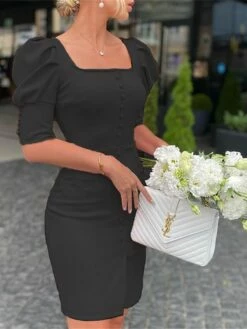 Women's Wedding Guest Dress Party Dress Cocktail Dress Midi Dress Black Pink Red Half Sleeve Pure Color Button Summer Spring Fall Square Neck Fashion Wedding Guest Vacation Fall Dress 2023 S M L XL -LIGHTINTHEBOX Shop lbnrng1679473647955