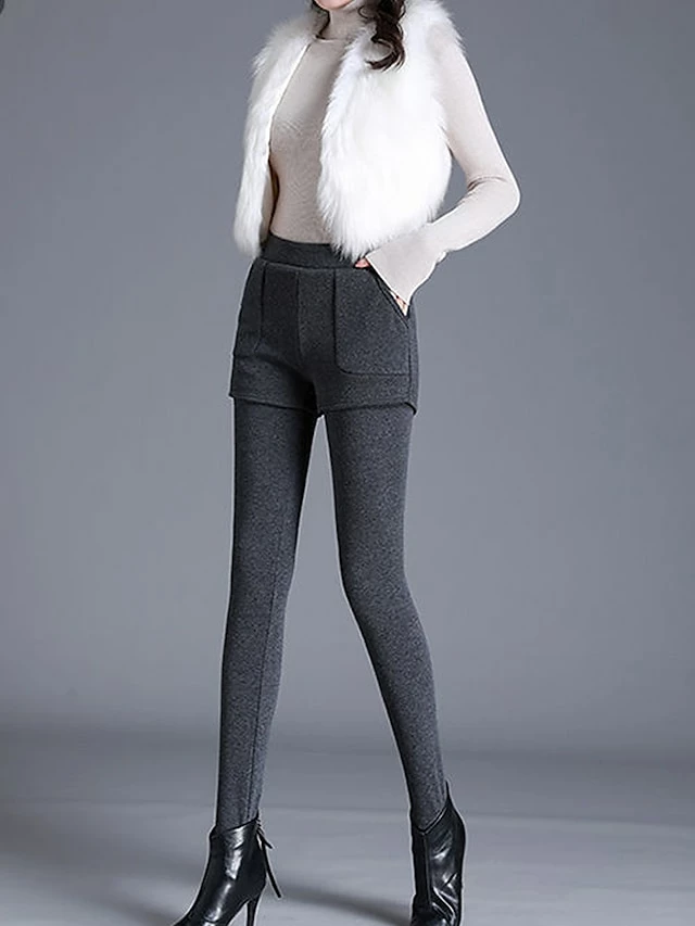 Women's Tights Pants Trousers Fleece Lined Grey Black High Waist Fashion Streetwear Street Daily Daily Wear Pocket Full Length Comfort Solid Color M L XL XXL XXXL 5 Women's Tights Pants Trousers Fleece Lined Grey Black High Waist Fashion Streetwear Street Daily Daily Wear Pocket Full Length Comfort Solid Color M L XL XXL XXXL - Image 3