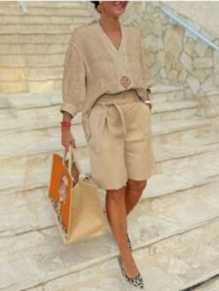 Women's Shirt Shorts Sets Pink Blue Khaki Plain Long Sleeve Casual Daily Streetwear Daily V Neck Regular Fit Fall & Winter