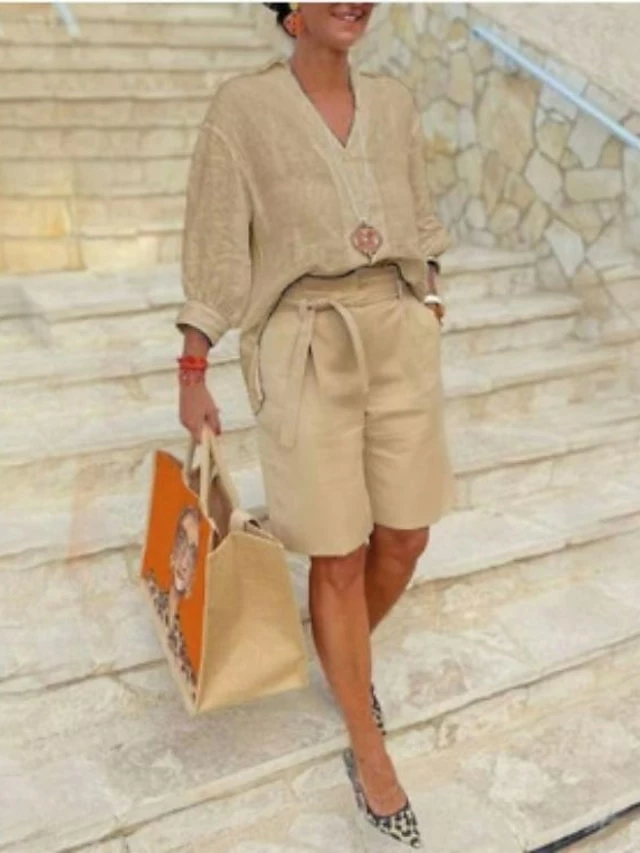 Women's Shirt Shorts Sets Pink Blue Khaki Plain Long Sleeve Casual Daily Streetwear Daily V Neck Regular Fit Fall & Winter 3 Women's Shirt Shorts Sets Pink Blue Khaki Plain Long Sleeve Casual Daily Streetwear Daily V Neck Regular Fit Fall & Winter