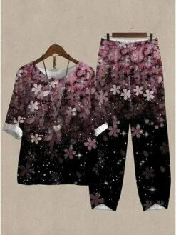 Women's Shirt Pants Sets Black Yellow Pink Floral Plant Print Holiday Weekend Daily Basic Neon & Bright Round Neck Regular Fit Fall & Winter -LIGHTINTHEBOX Shop lccktv1689852712780