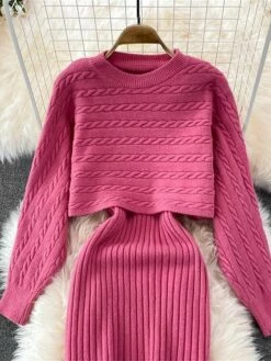 Women's Two Piece Dress Set Casual Dress Sheath Dress Outdoor Daily Fashion Streetwear Ruched Midi Dress Crew Neck Long Sleeve Plain Loose Fit Black White Wine Fall Winter One-Size -LIGHTINTHEBOX Shop ldegxb1694057142379