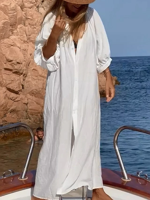 Women's Casual Dress Cotton Dress Shift Dress Maxi Long Dress Cotton Fashion Daily Outdoor Daily Vacation Stand Collar Button Pocket 3/4 Length Sleeve Fall Autumn 2023 Loose Fit White Plain S M L XL 3 Women's Casual Dress Cotton Dress Shift Dress Maxi Long Dress Cotton Fashion Daily Outdoor Daily Vacation Stand Collar Button Pocket 3/4 Length Sleeve Fall Autumn 2023 Loose Fit White Plain S M L XL