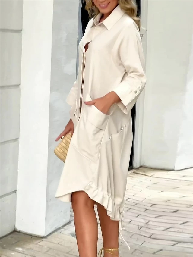 Women's Shirt Dress Casual Dress Shift Dress Midi Dress Outdoor Office Business Polyester Basic Modern Shirt Collar Button Pocket 3/4 Length Sleeve Summer Spring Fall 2023 Loose Fit White Plain S M L 5 Women's Shirt Dress Casual Dress Shift Dress Midi Dress Outdoor Office Business Polyester Basic Modern Shirt Collar Button Pocket 3/4 Length Sleeve Summer Spring Fall 2023 Loose Fit White Plain S M L - Image 3