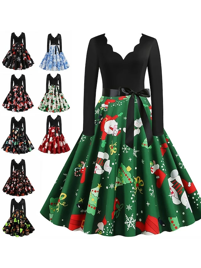 Women's Christmas Retro 1950s Vintage Dress Midi Dress Party Ruched Bow Fruit V Neck Long Sleeve Regular Fit Fall Winter 2023 Deep Green Black S M L XL 3 Women's Christmas Retro 1950s Vintage Dress Midi Dress Party Ruched Bow Fruit V Neck Long Sleeve Regular Fit Fall Winter 2023 Deep Green Black S M L XL