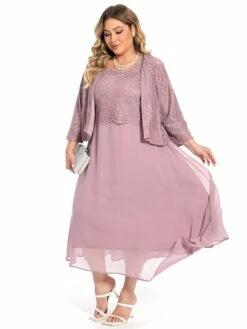 Women‘s Plus Size Curve Dress Set Solid Color Crew Neck Half Sleeve Spring Fall Elegant Maxi Long Dress Formal Party Dress -LIGHTINTHEBOX Shop lexdjo1694771126056