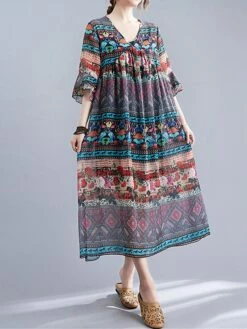 Women's Casual Dress Cotton Linen Dress Swing Dress Midi Dress Linen / Cotton Blend Fashion Classic Outdoor Daily Holiday V Neck Ruched Ruffle 3/4 Length Sleeve Fall Winter Autumn 2023 Loose Fit Blue -LIGHTINTHEBOX Shop lgcllp1693553165084