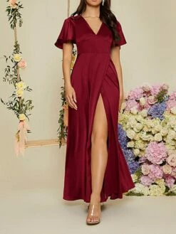 Women's Party Dress Satin Dress Wedding Guest Dress Long Dress Maxi Dress Red Short Sleeve Pure Color Ruched Summer Spring V Neck Party Evening Party Wedding Guest Vacation 2023 S M L XL 2XL