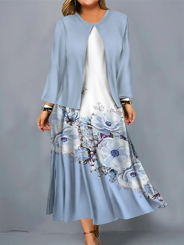 Women's Plus Size Curve Casual Dress Dress Set Two Piece Dress Floral Midi Dress Long Sleeve Print Crew Neck Mature Outdoor Pink Light Blue Fall Winter L XL XXL 3XL 4XL 3 Women's Plus Size Curve Casual Dress Dress Set Two Piece Dress Floral Midi Dress Long Sleeve Print Crew Neck Mature Outdoor Pink Light Blue Fall Winter L XL XXL 3XL 4XL