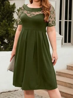 Women's Plus Size Curve Party Dress Lace Dress Semi Formal Dress Solid Color Midi Dress Short Sleeve Lace Crew Neck Fashion Party ArmyGreen Black Fall Winter XL XXL 3XL 4XL -LIGHTINTHEBOX Shop liirwt1695813617505