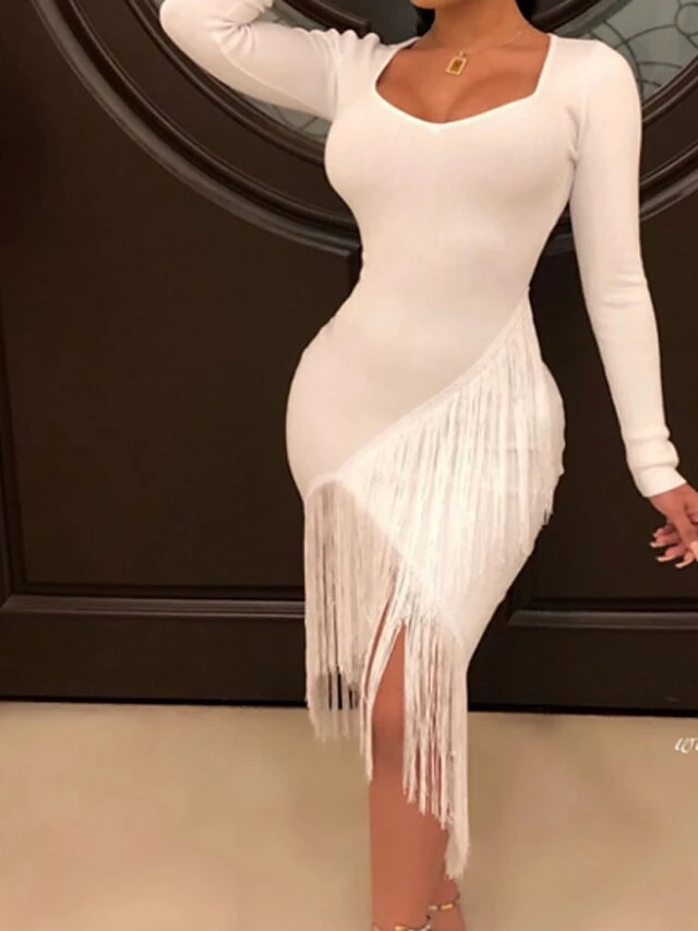 Women‘s Party Dress Wedding Guest Dress Fringe Dress Bodycon Midi Dress Black White Red Long Sleeve Pure Color Tassel Fringe Spring Fall Winter V Neck Fashion Winter Dress Vacation 2022 S M L XL XXL 16 Women‘s Party Dress Wedding Guest Dress Fringe Dress Bodycon Midi Dress Black White Red Long Sleeve Pure Color Tassel Fringe Spring Fall Winter V Neck Fashion Winter Dress Vacation 2022 S M L XL XXL - Image 14