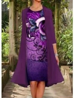 Women's Two Piece Dress Casual Dress Dress Set Shift Dress Knee Length Dress Navy Blue Blue Lavender Long Sleeve Layered Fall Autumn Crew Neck Elegant Fall Dress 2023 M L XL XXL XXXL 4XL 5XL -LIGHTINTHEBOX Shop ljemkg1642155764954