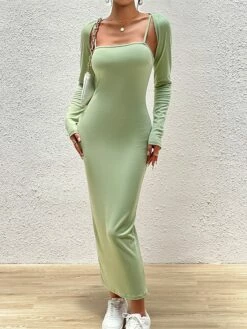 Women's Two Piece Dress Set Casual Dress Sheath Dress Outdoor Daily Fashion Streetwear Ribbed Midi Dress Square Neck Long Sleeve Plain Slim Black Blue Brown Fall Winter S M L XL -LIGHTINTHEBOX Shop ljggwi1695268287086