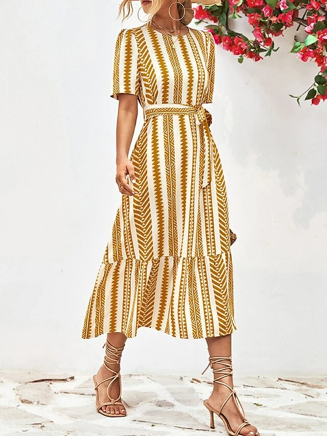 Women's Casual Dress A Line Dress Summer Dress Stripe Lace Up Print Crew Neck Midi Dress Fashion Streetwear Outdoor Street Short Sleeve Regular Fit Black Yellow Summer Spring S M L XL 12 Women's Casual Dress A Line Dress Summer Dress Stripe Lace Up Print Crew Neck Midi Dress Fashion Streetwear Outdoor Street Short Sleeve Regular Fit Black Yellow Summer Spring S M L XL - Image 10