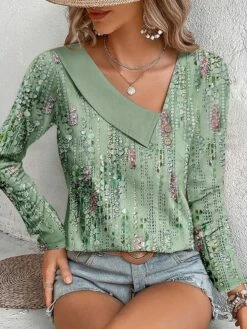 Women's Shirt Blouse Pink Blue Green Graphic Button Print Long Sleeve Casual Fashion V Neck Regular Fit Spring &Fall