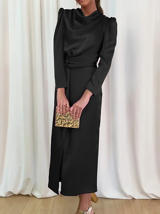 Women's Work Dress Satin Dress Semi Formal Dress Fashion Long Dress Maxi Dress Split Stand Collar Long Sleeve Plain Regular Fit Black Blue Sky Blue Fall Winter S M L XL 15 Women's Work Dress Satin Dress Semi Formal Dress Fashion Long Dress Maxi Dress Split Stand Collar Long Sleeve Plain Regular Fit Black Blue Sky Blue Fall Winter S M L XL - Image 13