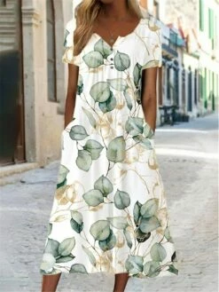 Women's Casual Dress Summer Dress Print Dress Leaf Floral Button Pocket Split Neck Midi Dress Fashion Streetwear Outdoor Daily Short Sleeve Loose Fit Yellow Blue Green Summer Spring S M L XL XXL -LIGHTINTHEBOX Shop lmbpkn1687337049324