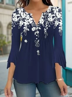 Women's Shirt Blouse Red Blue Green Floral Print 3/4 Length Sleeve Casual Holiday Daily Basic Round Neck Regular Fit Floral Fall & Winter