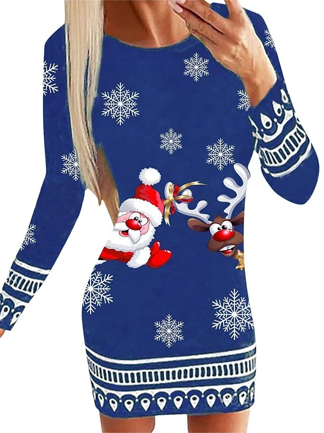 Women‘s Christmas Casual Dress Sweatshirt Dress Mini Dress Fashion Daily Outdoor Vacation Crew Neck Print Santa Claus Hat Loose Fit Blue S M L XL XXL 4 Women‘s Christmas Casual Dress Sweatshirt Dress Mini Dress Fashion Daily Outdoor Vacation Crew Neck Print Santa Claus Hat Loose Fit Blue S M L XL XXL - Image 2