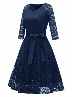Women‘s Vintage Tea Dresses Party Dress Lace Dress Homecoming Dress Knee Length Dress Pink Wine Navy Blue 3/4 Length Sleeve Pure Color Lace Summer Spring Fall V Neck Classic Winter Dress -LIGHTINTHEBOX Shop lnckme1659516418672