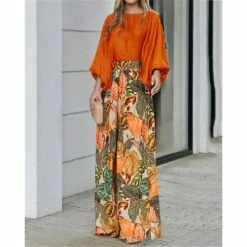 Women's Shirt Pants Sets Blue Orange Green Floral Print Long Sleeve Casual Daily Fashion Round Neck Regular Fit Puff Sleeve Spring &Fall