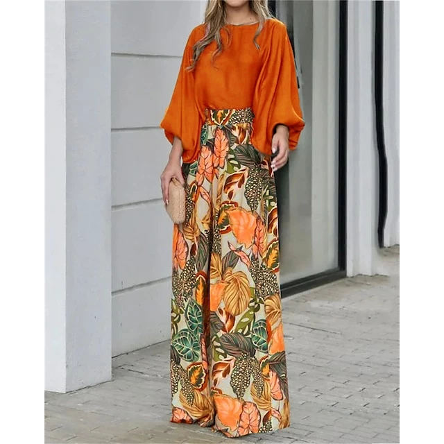 Women's Shirt Pants Sets Blue Orange Green Floral Print Long Sleeve Casual Daily Fashion Round Neck Regular Fit Puff Sleeve Spring &Fall 3 Women's Shirt Pants Sets Blue Orange Green Floral Print Long Sleeve Casual Daily Fashion Round Neck Regular Fit Puff Sleeve Spring &Fall