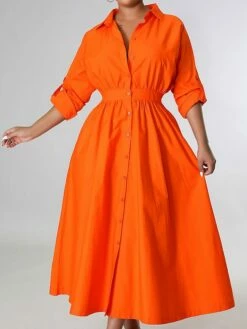 Women's Casual Dress Swing Dress Long Dress Maxi Dress Blue Yellow Orange Long Sleeve Pure Color Pocket Winter Fall Autumn Shirt Collar Winter Dress Weekend Fall Dress Loose Fit 2023 S M L XL XXL
