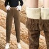 Women‘s Fleece Corduroy Pants Chinos Trousers Ankle-Length Side Pockets Micro-elastic Mid Waist Fashion Casual Weekend Black Brown S M