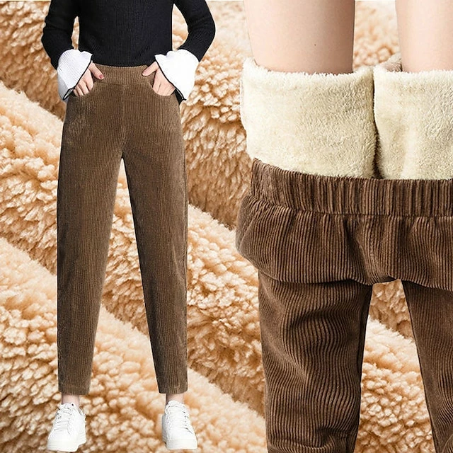 Women‘s Fleece Corduroy Pants Chinos Trousers Ankle-Length Side Pockets Micro-elastic Mid Waist Fashion Casual Weekend Black Brown S M 3 Women‘s Fleece Corduroy Pants Chinos Trousers Ankle-Length Side Pockets Micro-elastic Mid Waist Fashion Casual Weekend Black Brown S M