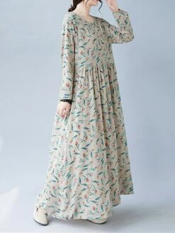 Women's Casual Dress Linen Dress Swing Dress Maxi Long Dress Linen Fashion Modern Outdoor Daily Holiday Crew Neck Print Long Sleeve Fall Winter Autumn 2023 Loose Fit Apricot Flower L XL 2XL -LIGHTINTHEBOX Shop lplglg1693553167266