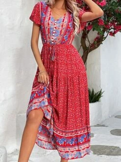 Women's Casual Dress Swing Dress Floral Dress Graphic Floral Ruched V Neck Midi Dress Active Fashion Outdoor Daily Short Sleeve Regular Fit Burgundy Green Summer Spring S M L XL XXL