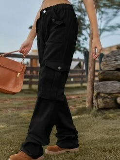 Women's Cargo Pants Chinos Baggy Full Length Denim Baggy Micro-elastic Mid Waist Fashion Streetwear Outdoor Causal Light Khaki Black S M Fall Winter -LIGHTINTHEBOX Shop lqdvzb1692182847487