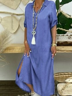 Women's Shirt Dress Maxi Long Dress Winter Dress Daily Vacation Cotton Casual Shirt Collar Split Long Sleeve Summer Spring Fall 2023 Loose Fit Light Blue Navy Blue Pure Color S M L XL 2XL -LIGHTINTHEBOX Shop lsdqum1687947198741