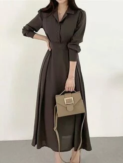 Women's Work Dress Semi Formal Dress A Line Dress Fashion Office Daily Workfashion Midi Dress Ruched Button Shirt Collar Long Sleeve Plain Loose Fit Black Brown Apricot Fall Winter S M L XL -LIGHTINTHEBOX Shop lsvedu1695805447176